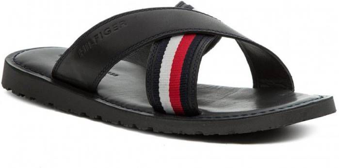 Tommy Hilfiger Leren slippers met gekruiste band met gestreept logo in  zwart Fm0fm02120 - Vindjeschoen.nl